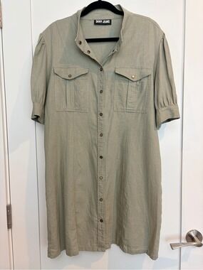 DKNY Jeans Sage Green Linen Blend Utility Shirt Dress | Puff Sleeve | Size L